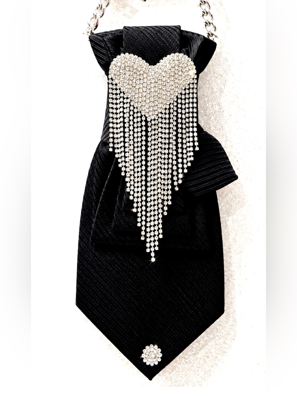 Black TIE NECKLACE with w Heart-Shaped Rhinestone Fringe Embellishment!